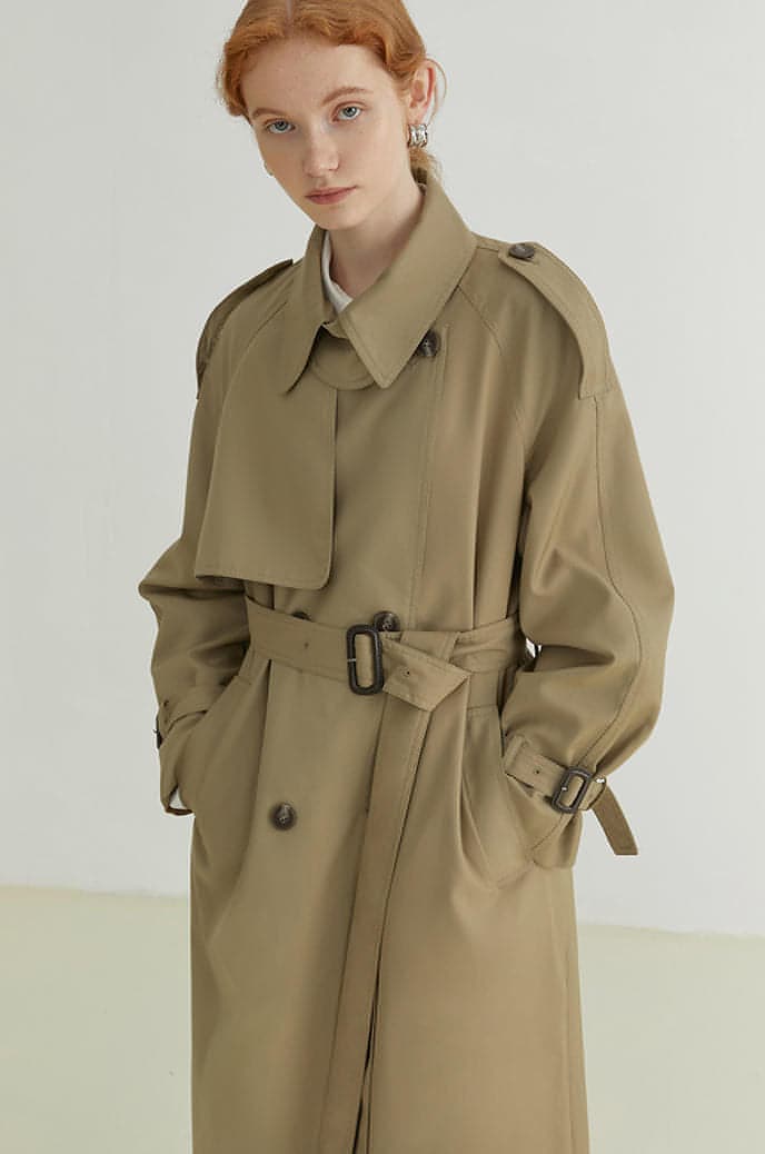 Double-breasted Loose Mid-length Melton Trench Coat