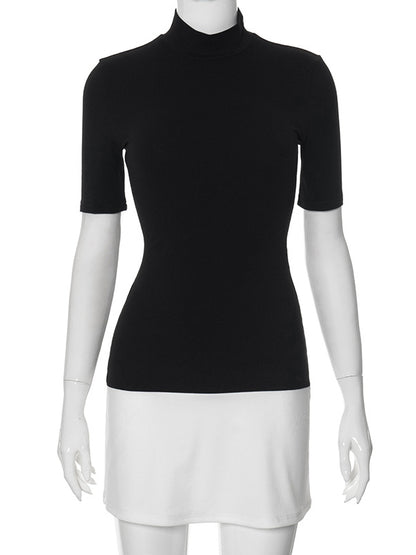 Short Sleeves Skinny Contrast Color Split-joint High Neck Mini Dresses