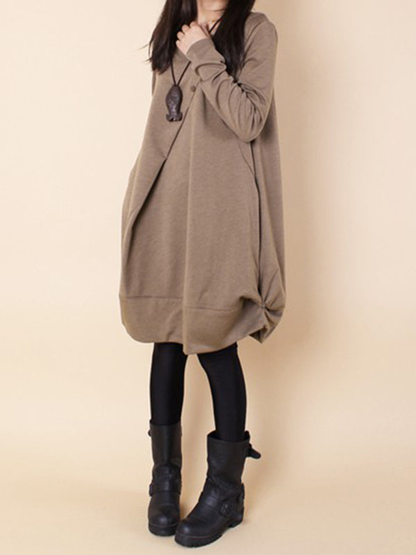 A-line Long Sleeves Pleated Color Round-neck Dresses Maxi Dresses