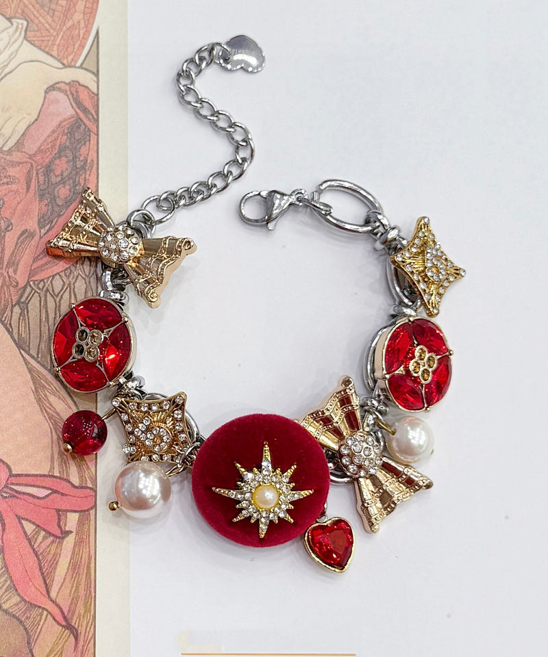 New Year Red Stainless Steel Zircon Pearl Love Charm Bracelet