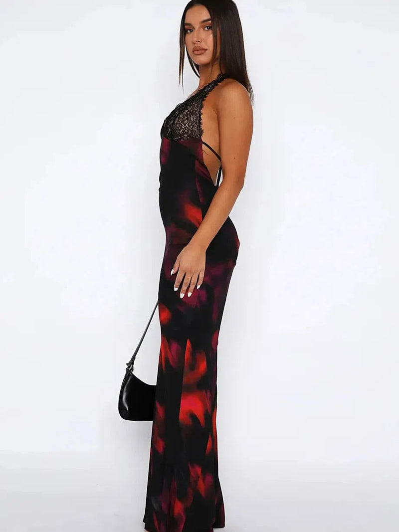 Halterneck Tie-dye Backless Lace Maxi Dress