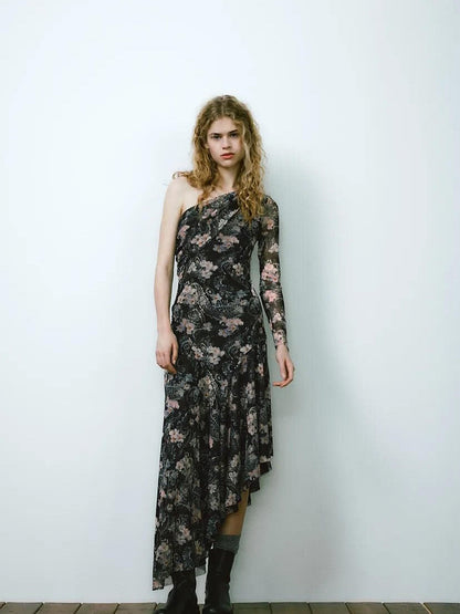 Print One Shoulder Asymmetric Midi Dress