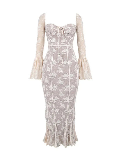 Sweetheart Neck Bell Sleeves Lace Maxi Dress