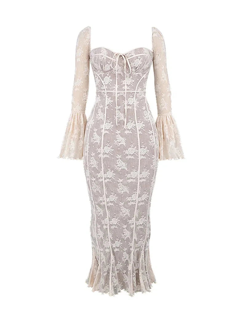 Sweetheart Neck Bell Sleeves Lace Maxi Dress
