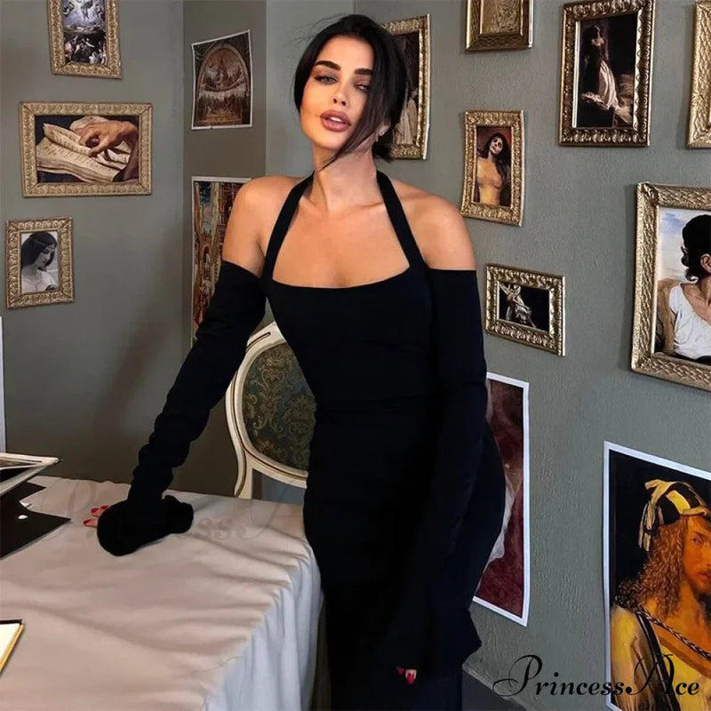 Flare Sleeve Halter Split Backless New Midi Dress