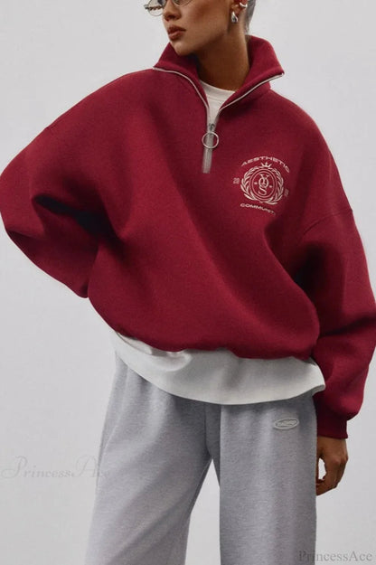 Fleece-lined Letter Embroidery Stand Collar Half-zip Sweatshirt