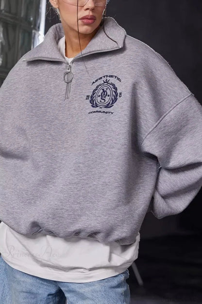 Fleece-lined Letter Embroidery Stand Collar Half-zip Sweatshirt