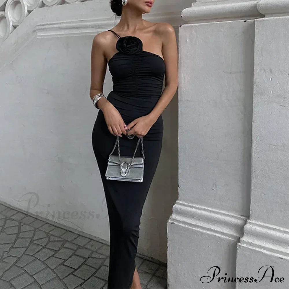Applique Ruched Summer Irregular Sleeveless Party Club Maxi Dress