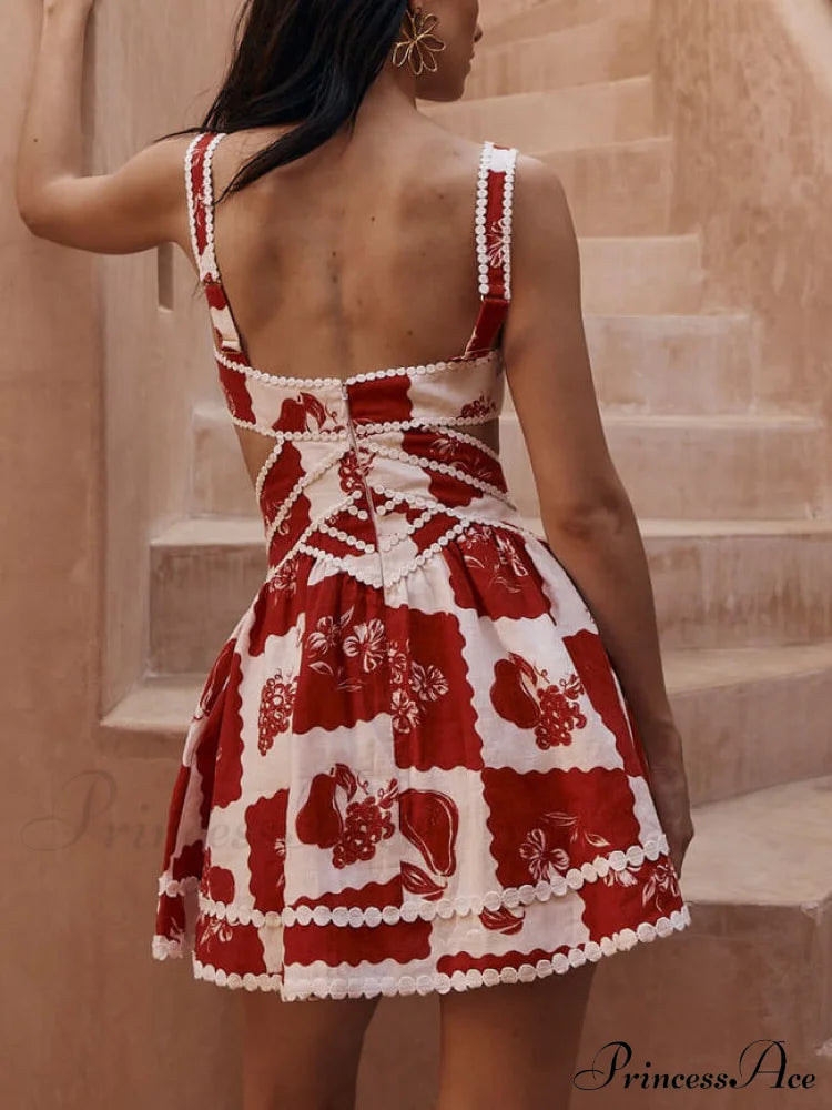 Decorative Unique Print Graceful V-neck Hollow A-line Mini Dress