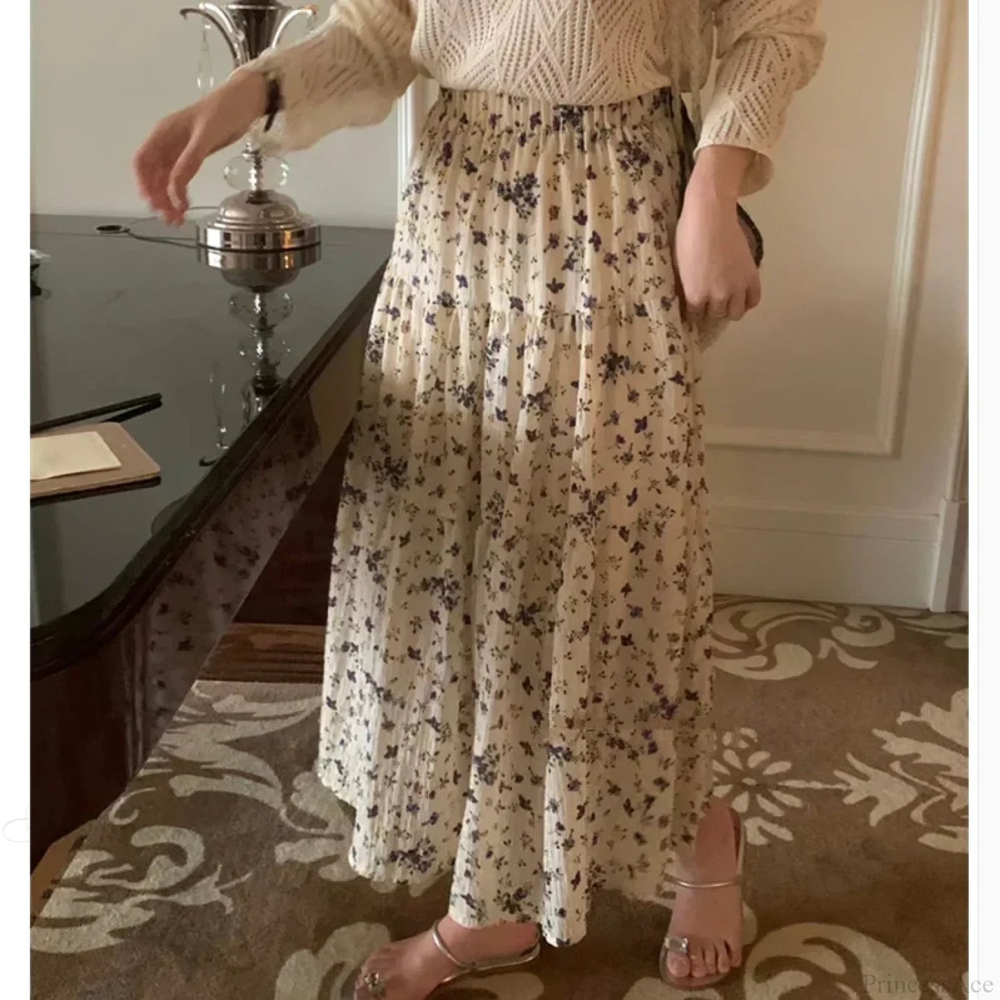 Ditsy Print Elastic Waist Tiered Long Flared Skirt