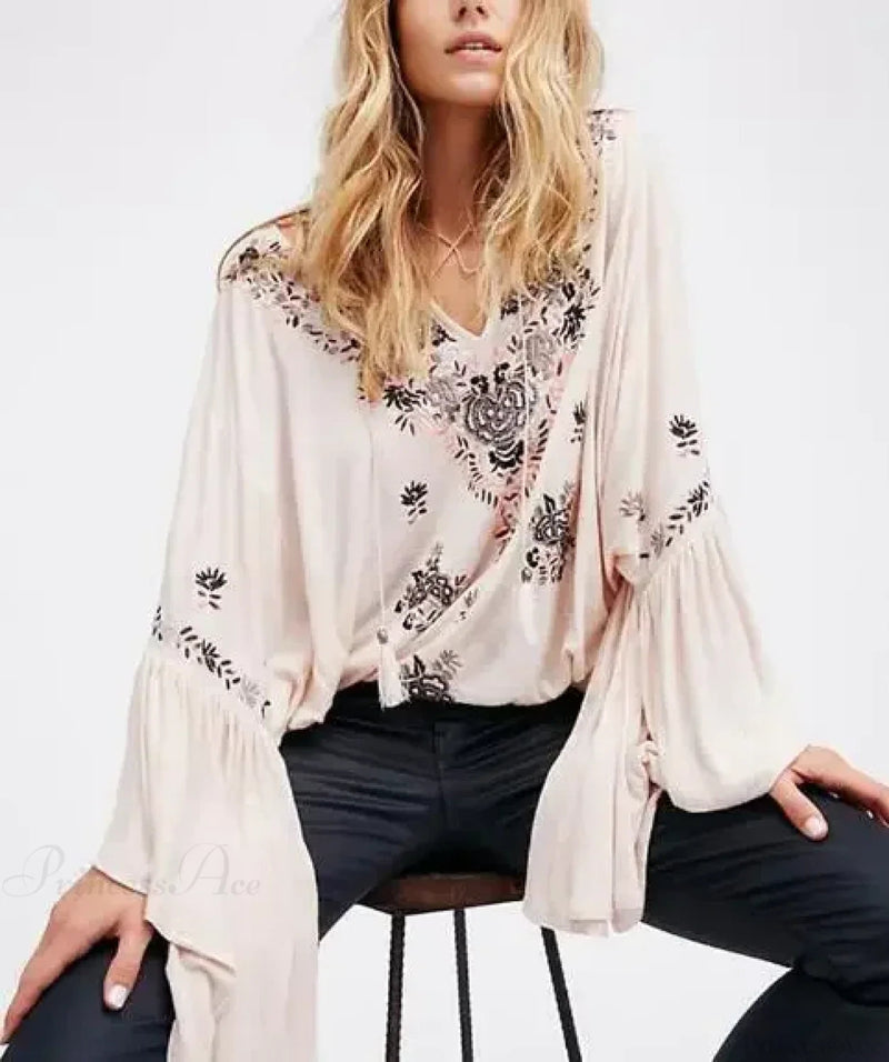 Embroidered Flare Sleeve V-neck Blouse