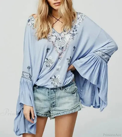 Embroidered Flare Sleeve V-neck Blouse