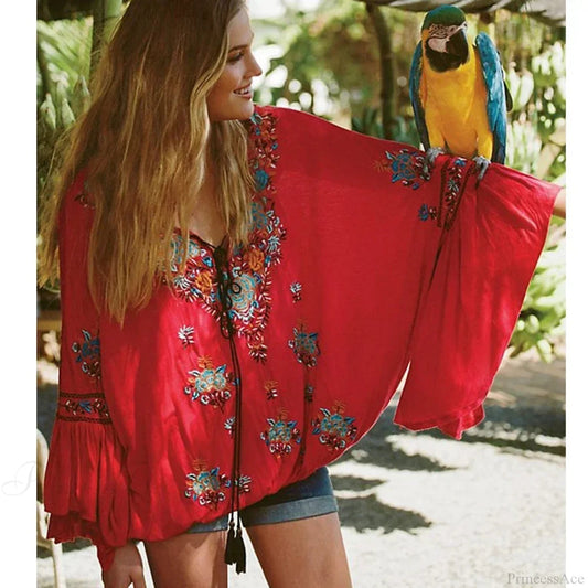 Embroidered Flare Sleeve V-neck Blouse