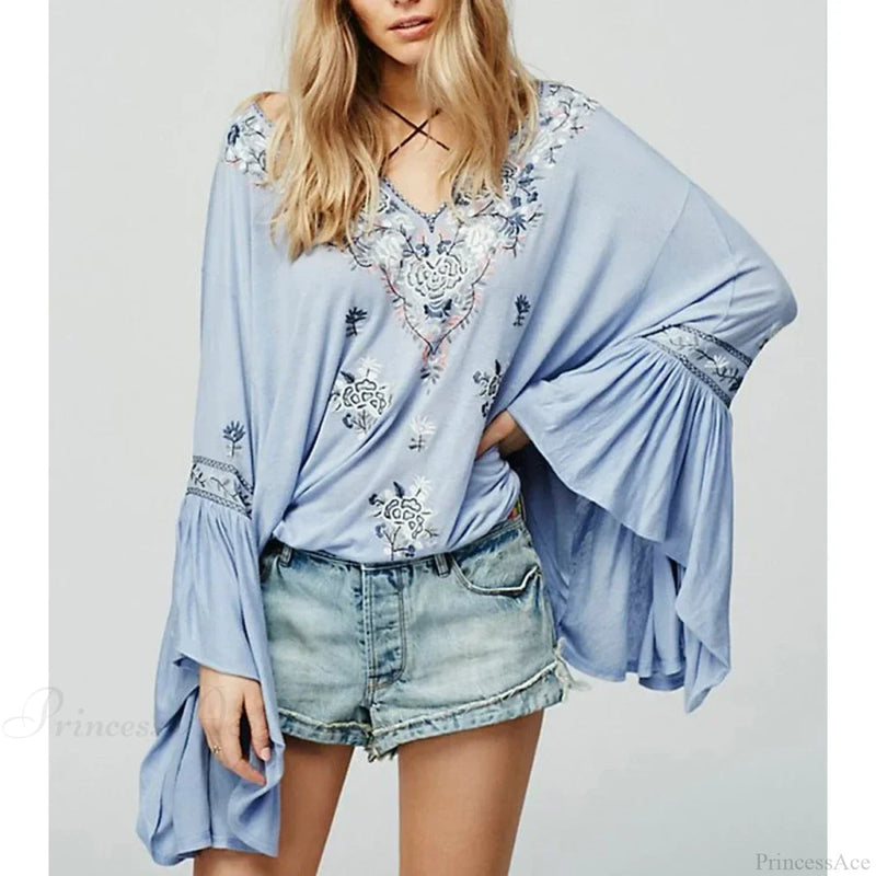 Embroidered Flare Sleeve V-neck Blouse