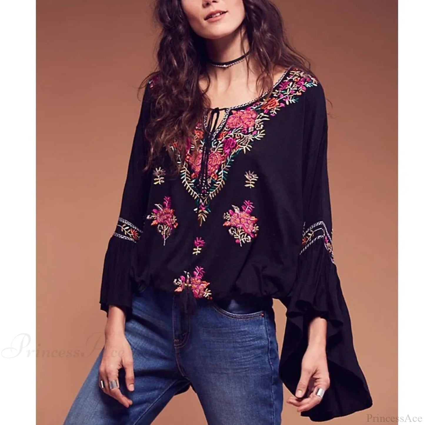 Embroidered Flare Sleeve V-neck Blouse