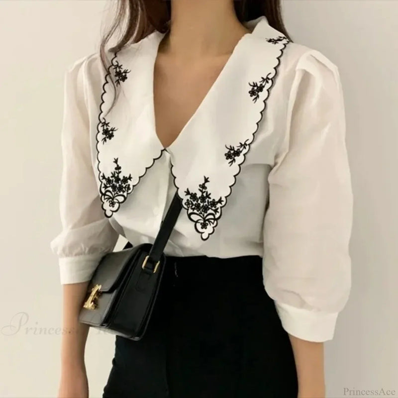 Embroidery Half Sleeve White Blouse