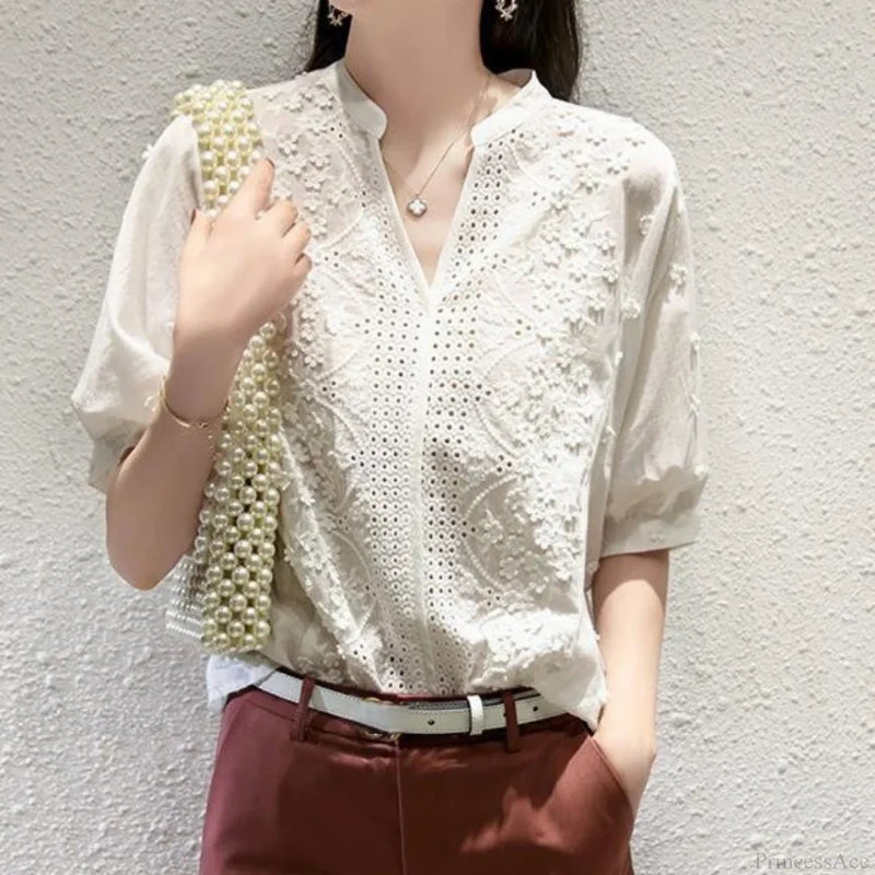 Embroidery Lace Hollow V-neck Blouse