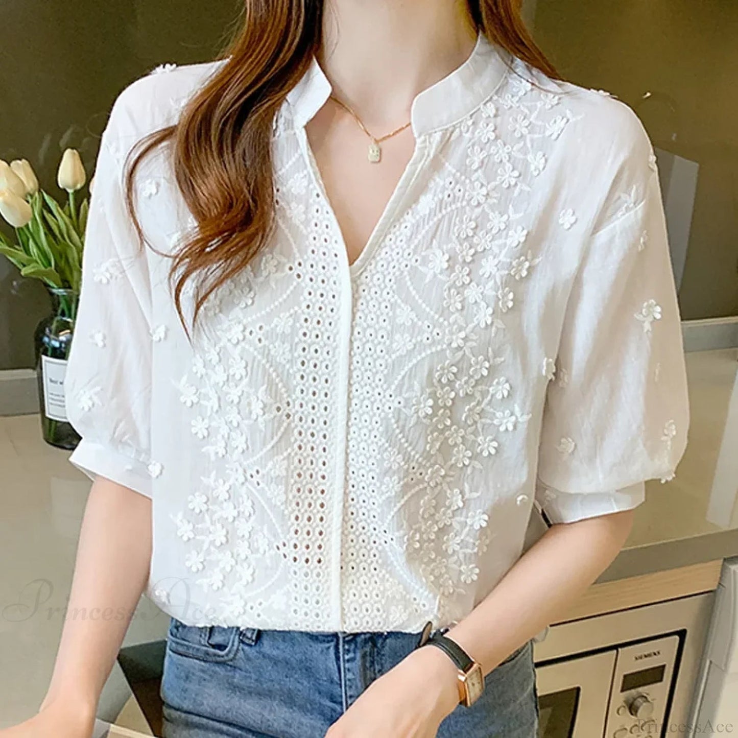 Embroidery Lace Hollow V-neck Blouse
