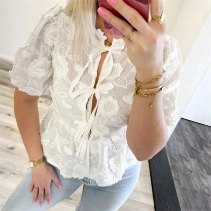 Embroidery Puff Short Sleeve Blouse