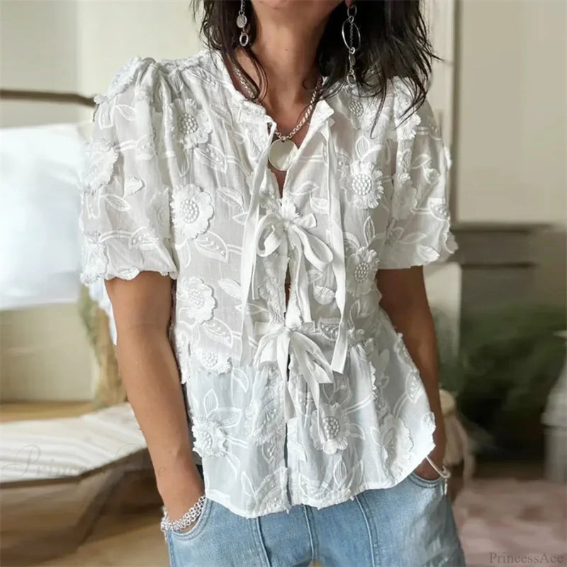 Embroidery Puff Short Sleeve Blouse