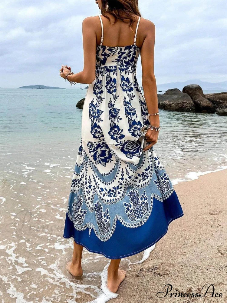 Print Back Graceful Smocked Loose Midi Dress