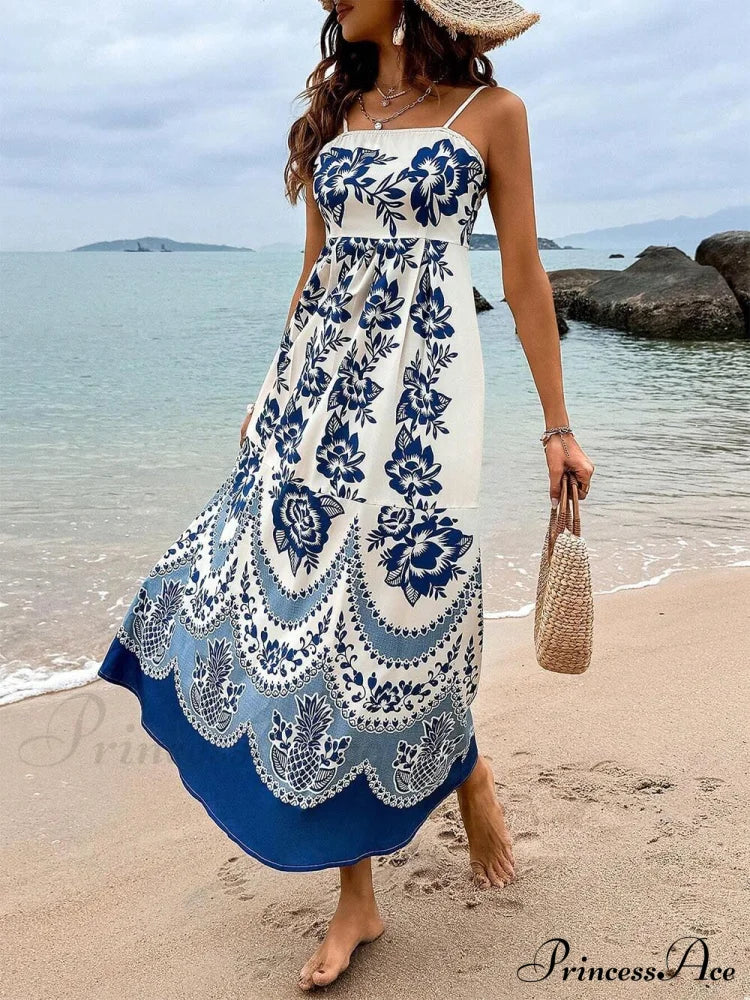 Print Back Graceful Smocked Loose Midi Dress