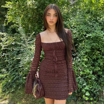 Lace Club Party Rich Brown Flare Sleeve Mini Dress