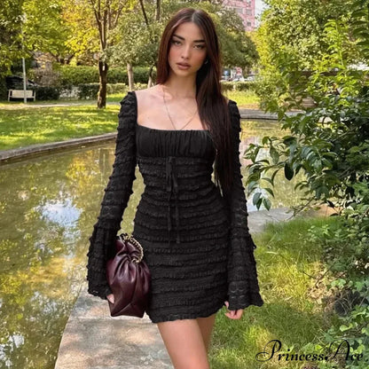 Lace Club Party Rich Brown Flare Sleeve Mini Dress