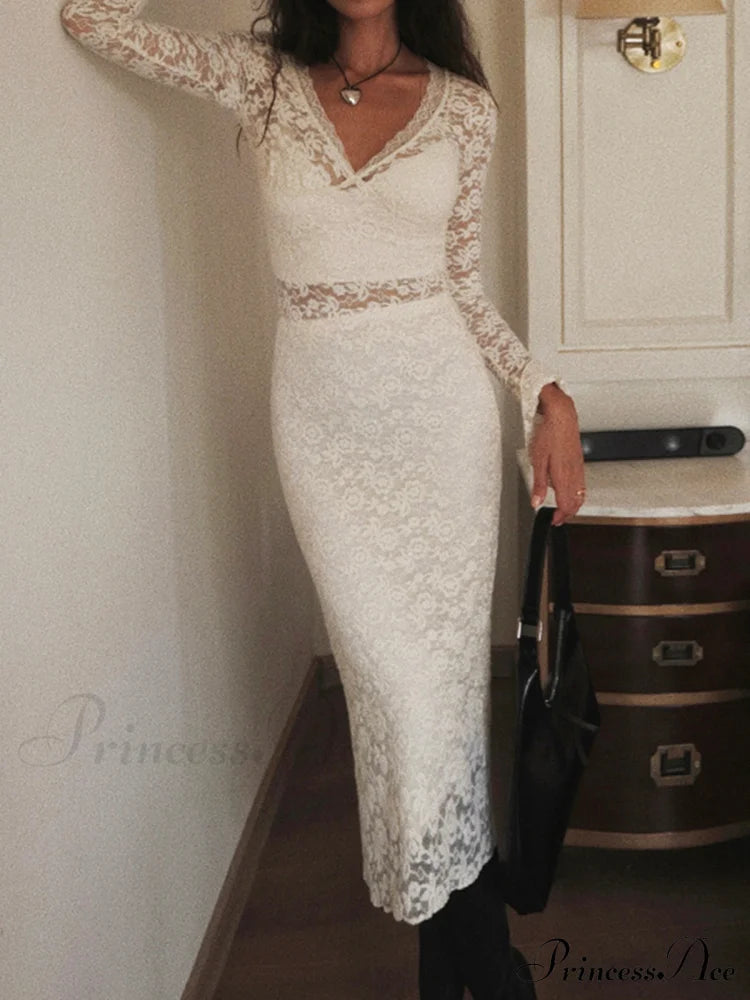 Lace Long Sleeve Plunge Midi Dress