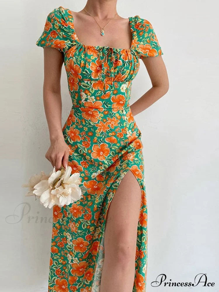 Midi Dress With Puffy Sleeves and Slit