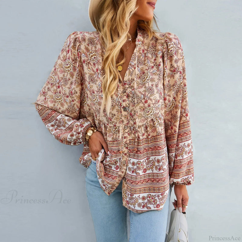Print Button-up Long Sleeve Blouse