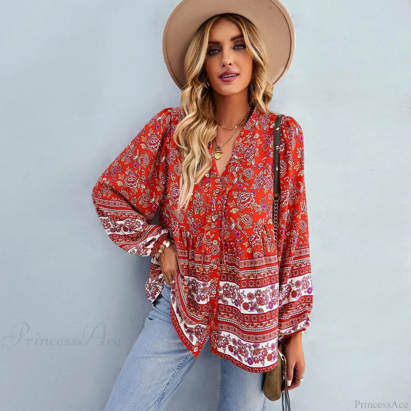 Print Button-up Long Sleeve Blouse