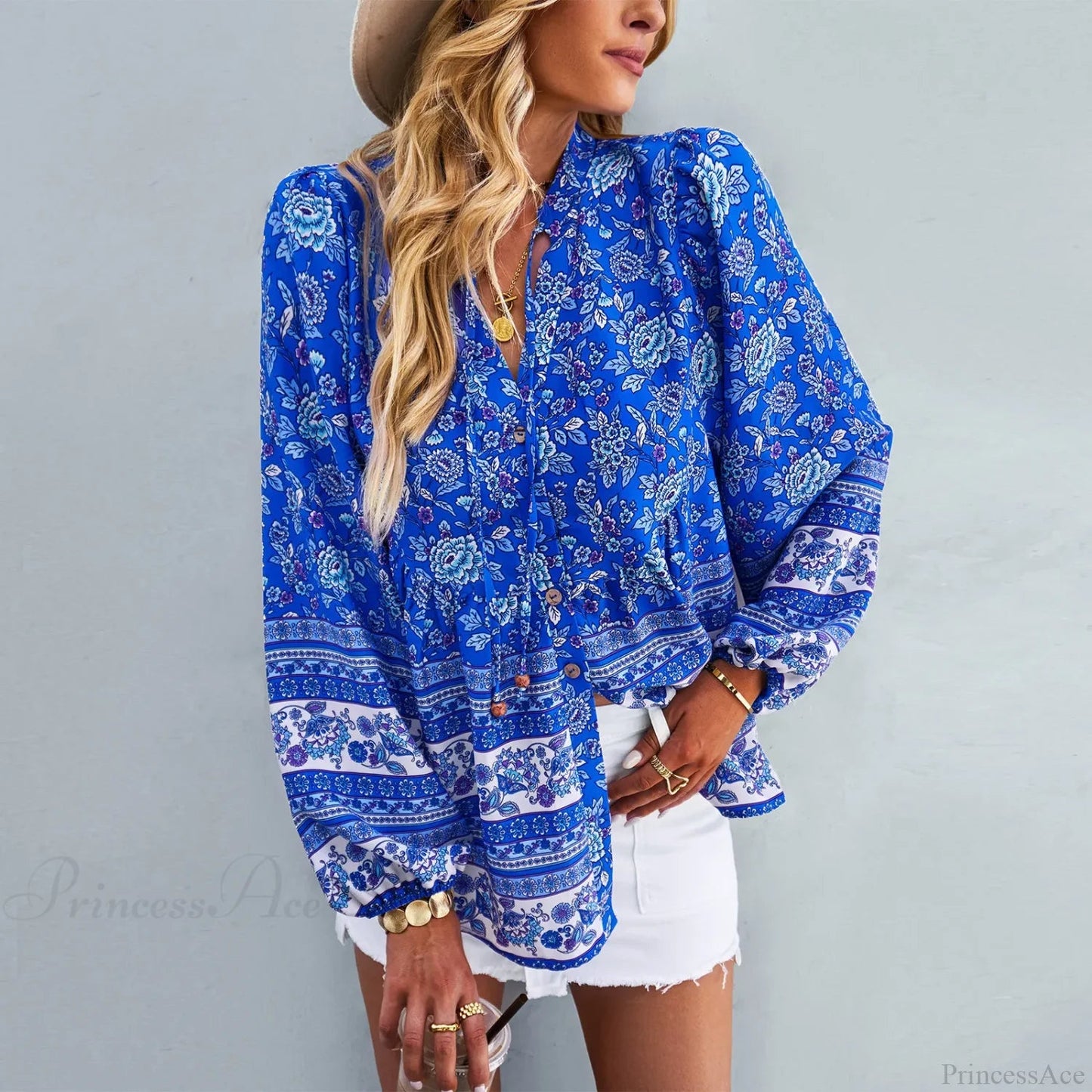 Print Button-up Long Sleeve Blouse