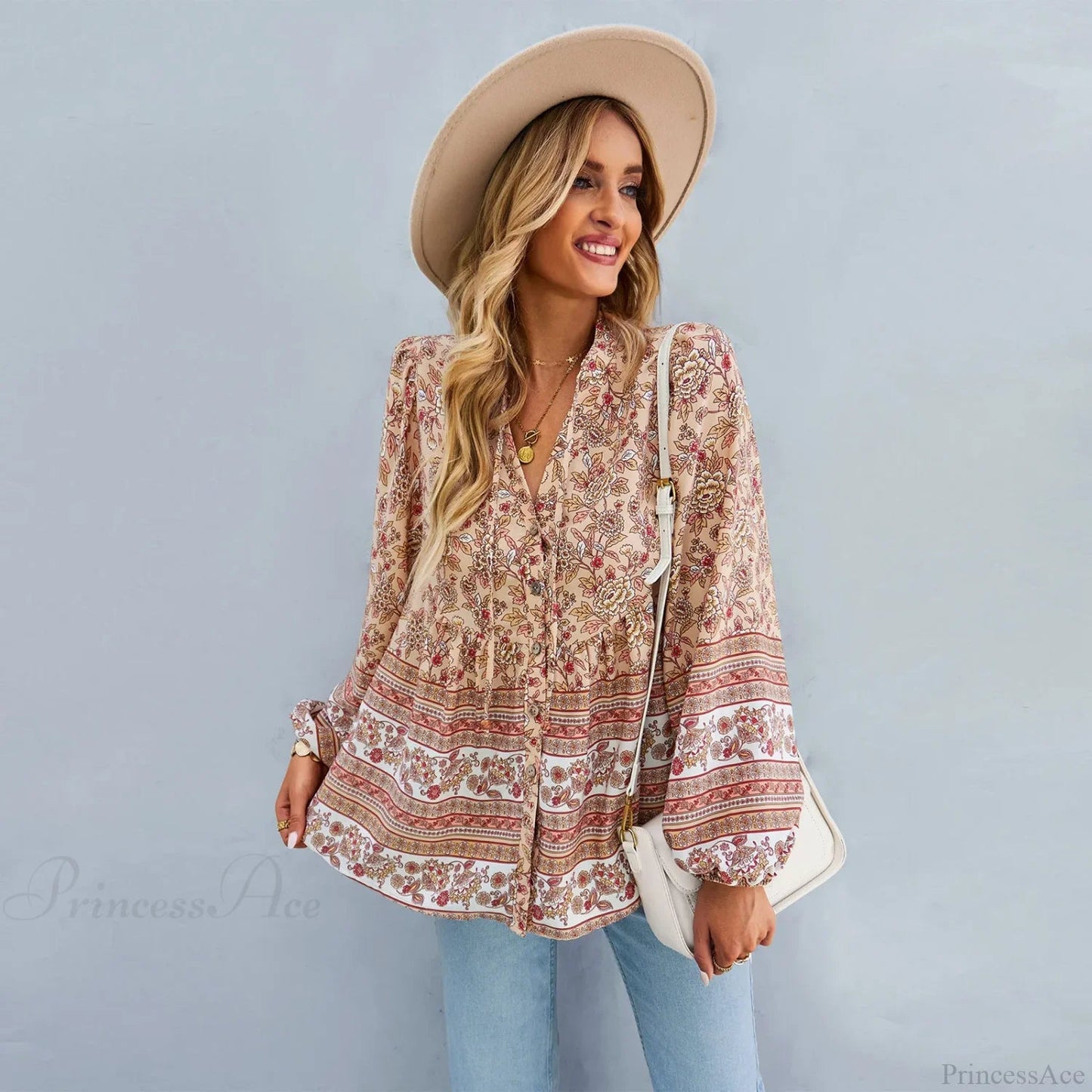 Print Button-up Long Sleeve Blouse