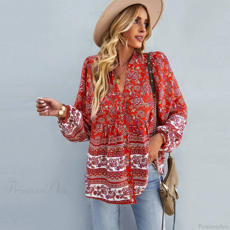 Print Button-up Long Sleeve Blouse