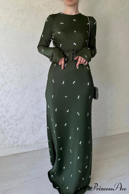 Print High Waist Midi Dress With Belt