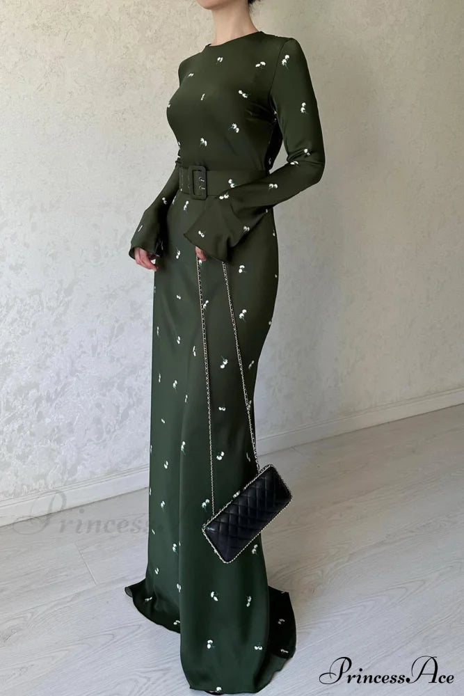 Print High Waist Midi Dress With Belt
