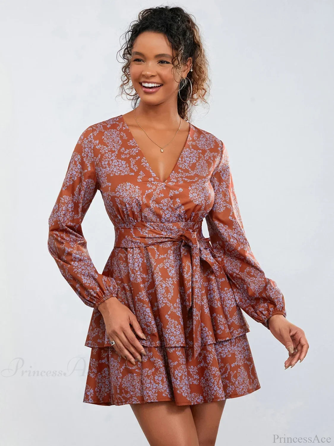 Print Ruffles Tiered Mini Dress V-neck High Waist Dress