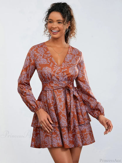 Print Ruffles Tiered Mini Dress V-neck High Waist Dress