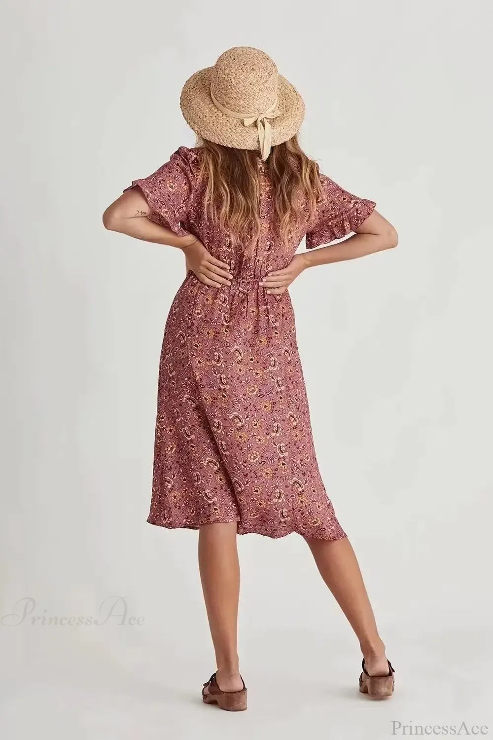 Print Square Collar Short Sleeve Beachwear Midi Dress