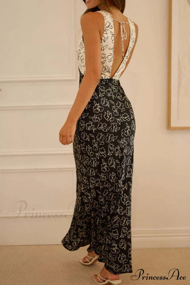 Print V Neck Dress With Contrast Detail and Tie-back