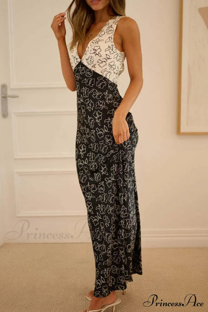 Print V Neck Dress With Contrast Detail and Tie-back
