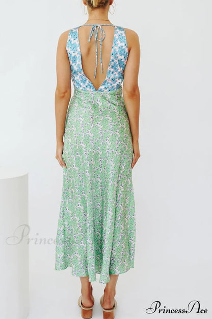 Print V Neck Dress With Contrast Detail and Tie-back