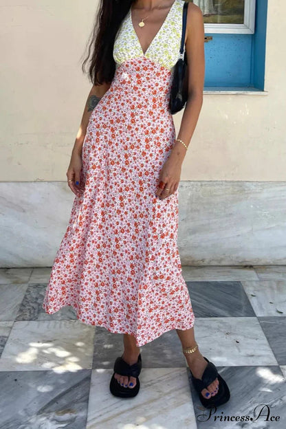Print V Neck Dress With Contrast Detail and Tie-back
