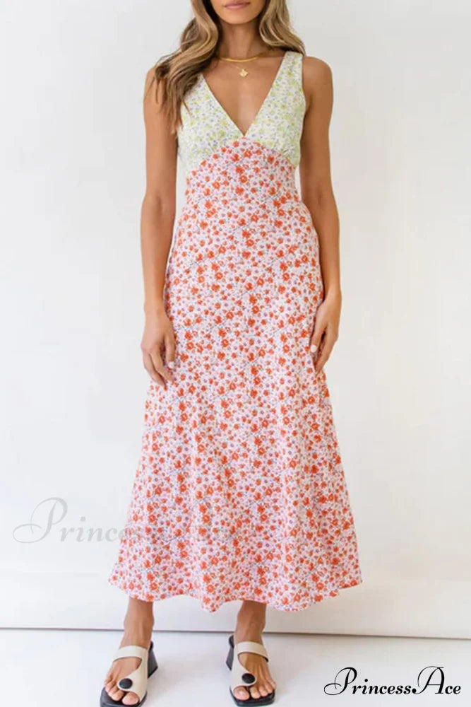 Print V Neck Dress With Contrast Detail and Tie-back