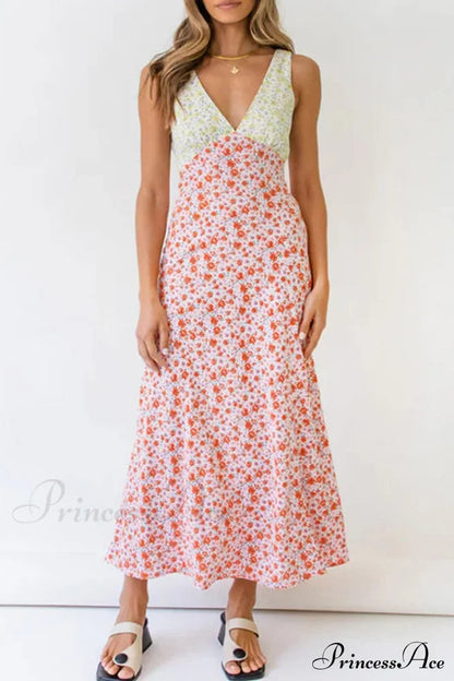 Print V Neck Dress With Contrast Detail and Tie-back
