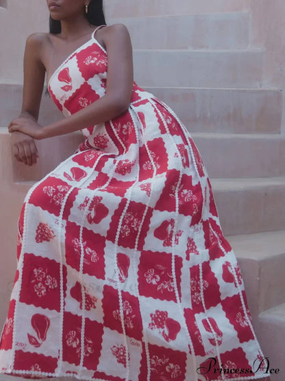 Trim Unique Printed Graceful One Shoulder Flared Maxi Dress
