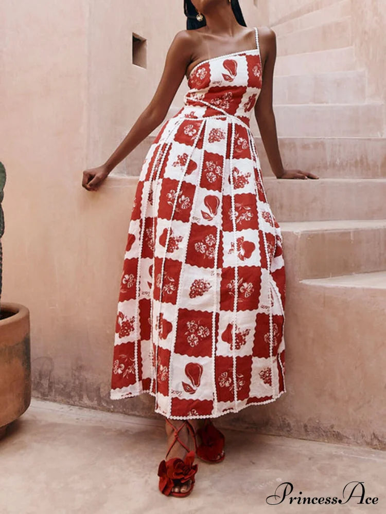 Trim Unique Printed Graceful One Shoulder Flared Maxi Dress