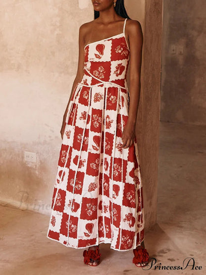 Trim Unique Printed Graceful One Shoulder Flared Maxi Dress