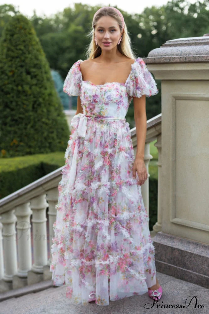 Tulle Puff Sleeve Bow Tie Maxi Dress